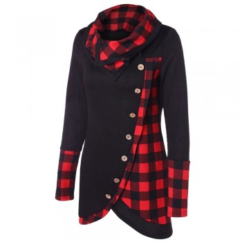 2019 NEW Blouse Women Long Sleeve Irregular Hem Plaid Button Turtleneck Tartan Tunic Sweatshirt Pullover Tops #Y