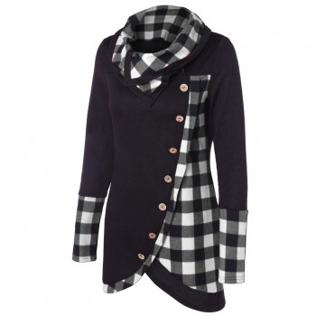 2019 NEW Blouse Women Long Sleeve Irregular Hem Plaid Button Turtleneck Tartan Tunic Sweatshirt Pullover Tops #Y