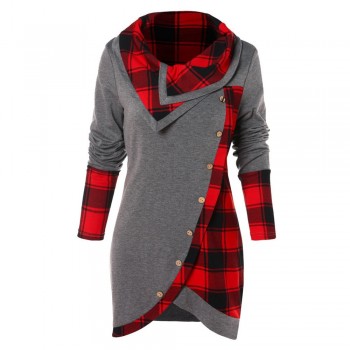 2019 NEW Blouse Women Long Sleeve Irregular Hem Plaid Button Turtleneck Tartan Tunic Sweatshirt Pullover Tops #Y