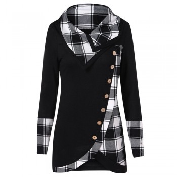 2019 NEW Blouse Women Long Sleeve Irregular Hem Plaid Button Turtleneck Tartan Tunic Sweatshirt Pullover Tops #Y