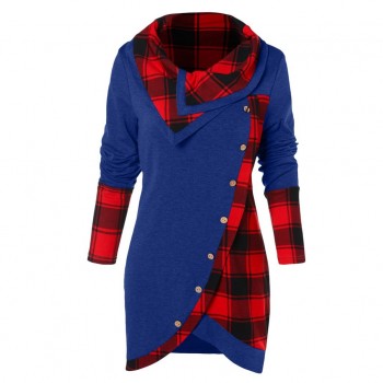 2019 NEW Blouse Women Long Sleeve Irregular Hem Plaid Button Turtleneck Tartan Tunic Sweatshirt Pullover Tops #Y