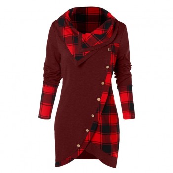2019 NEW Blouse Women Long Sleeve Irregular Hem Plaid Button Turtleneck Tartan Tunic Sweatshirt Pullover Tops #Y