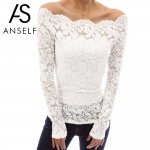 Anself Sexy Plus Size Lace Top Women Hollow Out Off Shoulder Lace Blouse Slash Neck Long Sleeves Elegant Ladies 5XL Shirt Tops