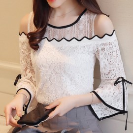 2018 New Womens Fashion Lace Chiffon Stitching Blouse Flare Sleeve Top Lace O-neck Blouse Strapless Sexy Women Clothing D597 30