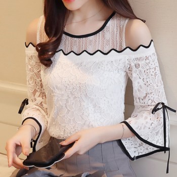 2018 New Womens Fashion Lace Chiffon Stitching Blouse Flare Sleeve Top Lace O-neck Blouse Strapless Sexy Women Clothing D597 30