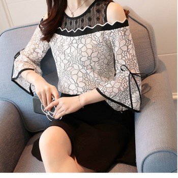 2018 New Womens Fashion Lace Chiffon Stitching Blouse Flare Sleeve Top Lace O-neck Blouse Strapless Sexy Women Clothing D597 30