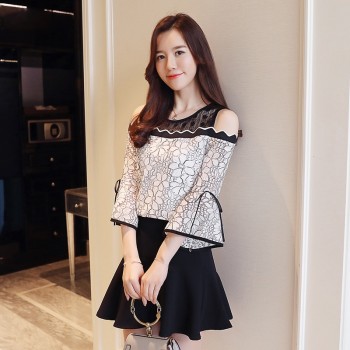 2018 New Womens Fashion Lace Chiffon Stitching Blouse Flare Sleeve Top Lace O-neck Blouse Strapless Sexy Women Clothing D597 30