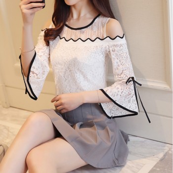 2018 New Womens Fashion Lace Chiffon Stitching Blouse Flare Sleeve Top Lace O-neck Blouse Strapless Sexy Women Clothing D597 30