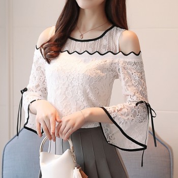 2018 New Womens Fashion Lace Chiffon Stitching Blouse Flare Sleeve Top Lace O-neck Blouse Strapless Sexy Women Clothing D597 30
