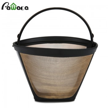 Cone-Style Reusable Coffee Filter 10-12 Cup Permanent Coffee Maker Machine Filter Gold Mesh with Handle Cafe Coffees Tools