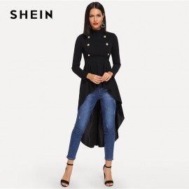 SHEIN Black Mock Neck Double Breasted Front Dip Hem Top Elegant Ruffle Asymmetrical Longline Blouse Women Autumn Flared Blouses