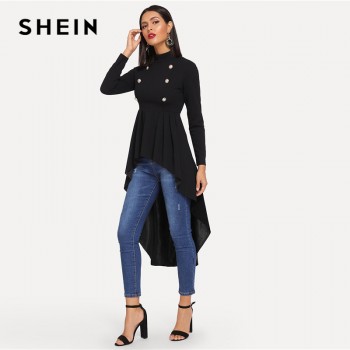 SHEIN Black Mock Neck Double Breasted Front Dip Hem Top Elegant Ruffle Asymmetrical Longline Blouse Women Autumn Flared Blouses