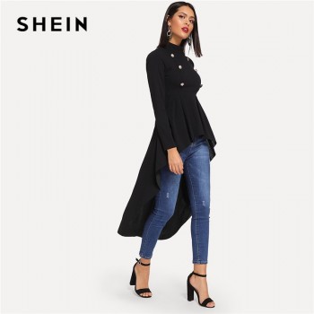 SHEIN Black Mock Neck Double Breasted Front Dip Hem Top Elegant Ruffle Asymmetrical Longline Blouse Women Autumn Flared Blouses