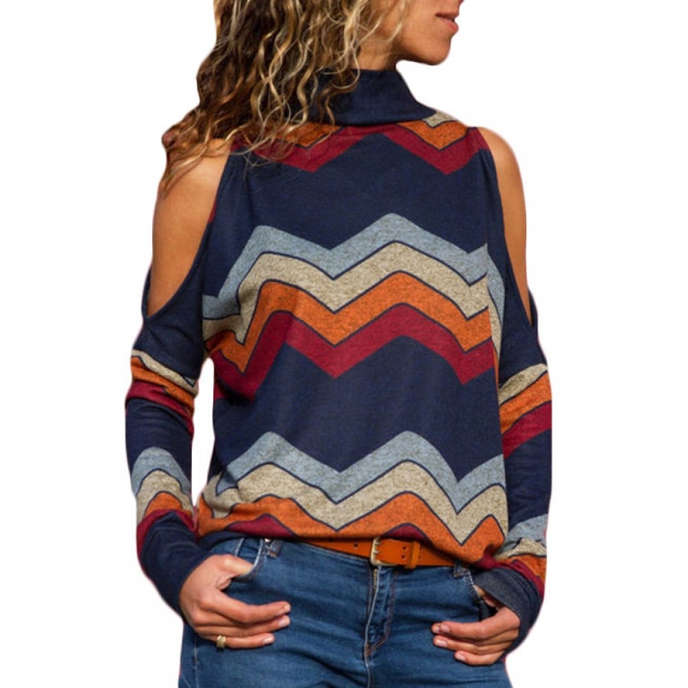 Women Blouses Sexy Cold Shoulder Tops Casual Turtleneck Knitted Top Jumper Pullover Print Long Sleeve Shirt Blusas Camisas Mujer
