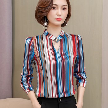 2019 fashion print chiffon blouse women shirt long sleeve plus size women tops stripe OL blouse womens clothing blusas 0092 30