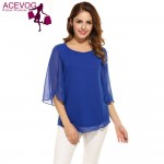 ACEVOG Womens Blouse Blusas Summer Autumn Casual Flare Sleeve O Neck Solid Loose Pullover Feminino Chiffon Blouse Shirt Tops
