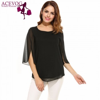 ACEVOG Womens Blouse Blusas Summer Autumn Casual Flare Sleeve O Neck Solid Loose Pullover Feminino Chiffon Blouse Shirt Tops