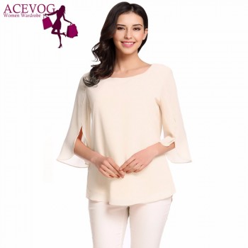 ACEVOG Womens Blouse Blusas Summer Autumn Casual Flare Sleeve O Neck Solid Loose Pullover Feminino Chiffon Blouse Shirt Tops