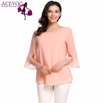 ACEVOG Womens Blouse Blusas Summer Autumn Casual Flare Sleeve O Neck Solid Loose Pullover Feminino Chiffon Blouse Shirt Tops