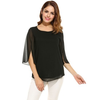 ACEVOG Womens Blouse Blusas Summer Autumn Casual Flare Sleeve O Neck Solid Loose Pullover Feminino Chiffon Blouse Shirt Tops
