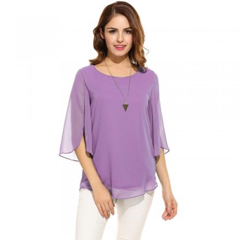 ACEVOG Womens Blouse Blusas Summer Autumn Casual Flare Sleeve O Neck Solid Loose Pullover Feminino Chiffon Blouse Shirt Tops