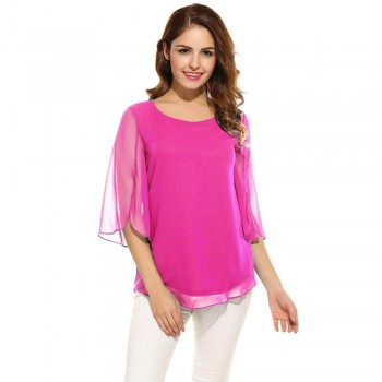 ACEVOG Womens Blouse Blusas Summer Autumn Casual Flare Sleeve O Neck Solid Loose Pullover Feminino Chiffon Blouse Shirt Tops