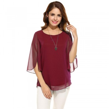 ACEVOG Womens Blouse Blusas Summer Autumn Casual Flare Sleeve O Neck Solid Loose Pullover Feminino Chiffon Blouse Shirt Tops