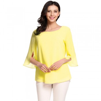 ACEVOG Womens Blouse Blusas Summer Autumn Casual Flare Sleeve O Neck Solid Loose Pullover Feminino Chiffon Blouse Shirt Tops