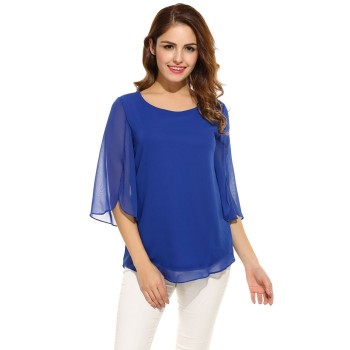 ACEVOG Womens Blouse Blusas Summer Autumn Casual Flare Sleeve O Neck Solid Loose Pullover Feminino Chiffon Blouse Shirt Tops