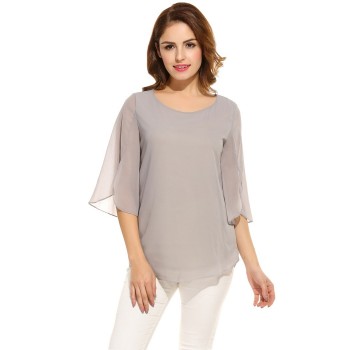 ACEVOG Womens Blouse Blusas Summer Autumn Casual Flare Sleeve O Neck Solid Loose Pullover Feminino Chiffon Blouse Shirt Tops