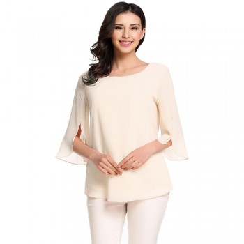 ACEVOG Womens Blouse Blusas Summer Autumn Casual Flare Sleeve O Neck Solid Loose Pullover Feminino Chiffon Blouse Shirt Tops