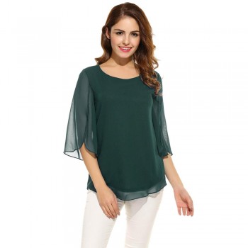ACEVOG Womens Blouse Blusas Summer Autumn Casual Flare Sleeve O Neck Solid Loose Pullover Feminino Chiffon Blouse Shirt Tops