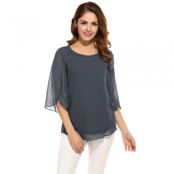 ACEVOG Womens Blouse Blusas Summer Autumn Casual Flare Sleeve O Neck Solid Loose Pullover Feminino Chiffon Blouse Shirt Tops