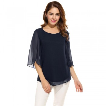 ACEVOG Womens Blouse Blusas Summer Autumn Casual Flare Sleeve O Neck Solid Loose Pullover Feminino Chiffon Blouse Shirt Tops