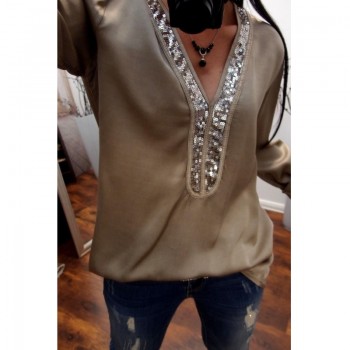 2019 New Women Sexy V Neck Sequins Chiffon Blouse Shirt 2018 Autumn Winter Long Sleeve Black White Blouses Tops Plus Size 5XL