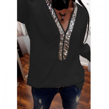 2019 New Women Sexy V Neck Sequins Chiffon Blouse Shirt 2018 Autumn Winter Long Sleeve Black White Blouses Tops Plus Size 5XL