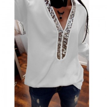 2019 New Women Sexy V Neck Sequins Chiffon Blouse Shirt 2018 Autumn Winter Long Sleeve Black White Blouses Tops Plus Size 5XL
