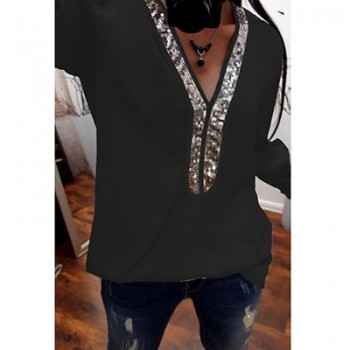 2019 New Women Sexy V Neck Sequins Chiffon Blouse Shirt 2018 Autumn Winter Long Sleeve Black White Blouses Tops Plus Size 5XL