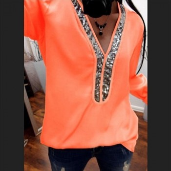 2019 New Women Sexy V Neck Sequins Chiffon Blouse Shirt 2018 Autumn Winter Long Sleeve Black White Blouses Tops Plus Size 5XL