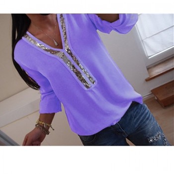 2019 New Women Sexy V Neck Sequins Chiffon Blouse Shirt 2018 Autumn Winter Long Sleeve Black White Blouses Tops Plus Size 5XL