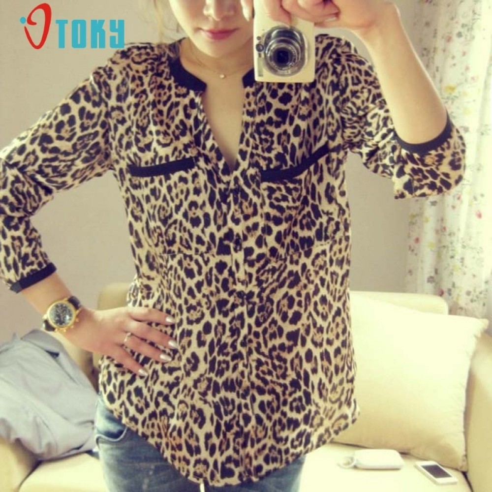 New Women Leopard Print Long Sleeve Chiffon Shirt Slim Casual Blouses Jun7