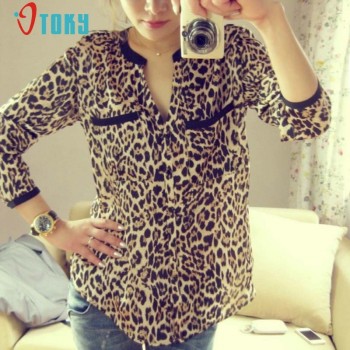 New Women Leopard Print Long Sleeve Chiffon Shirt Slim Casual Blouses Jun7