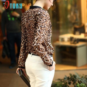 New Women Leopard Print Long Sleeve Chiffon Shirt Slim Casual Blouses Jun7