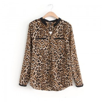 New Women Leopard Print Long Sleeve Chiffon Shirt Slim Casual Blouses Jun7
