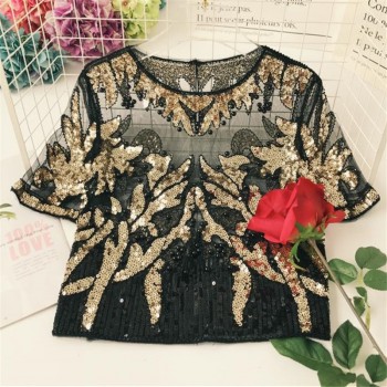 Neploe 2019 Gauze Sequined Patchwork Women Tops O-Neck Short Sleeve Bling Beading Blouse New Summer See-through Blusas 67731