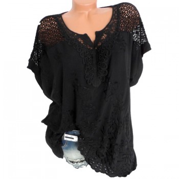 4XL Womens Lace Blouses Sexy V Neck Short Sleeve Embroidered Batwing Loose Shirt Summer White Tops Sweet Plus Size 5XL Shirts