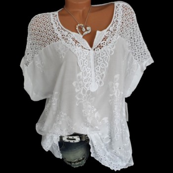 4XL Womens Lace Blouses Sexy V Neck Short Sleeve Embroidered Batwing Loose Shirt Summer White Tops Sweet Plus Size 5XL Shirts