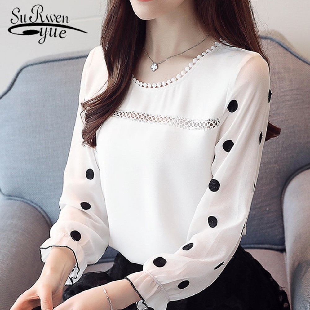 long sleeve women blouse shirt fashion 2019 chiffon womens clothing sweet o-neck black dot white feminine tops blusas d383 30