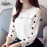 long sleeve women blouse shirt fashion 2019 chiffon womens clothing sweet o-neck black dot white feminine tops blusas d383 30