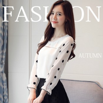 long sleeve women blouse shirt fashion 2019 chiffon womens clothing sweet o-neck black dot white feminine tops blusas d383 30